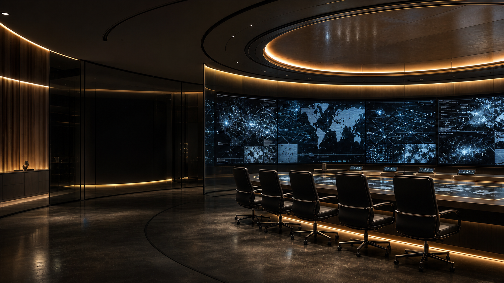 Secure command center with global operations displays